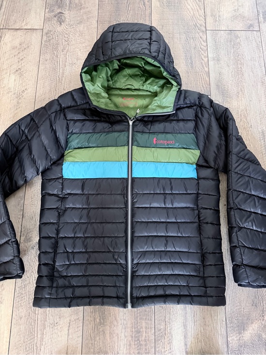 cotopaxi Other - Cotopaxi Black Hooded Puffer with Green and Blue Chest Stripes